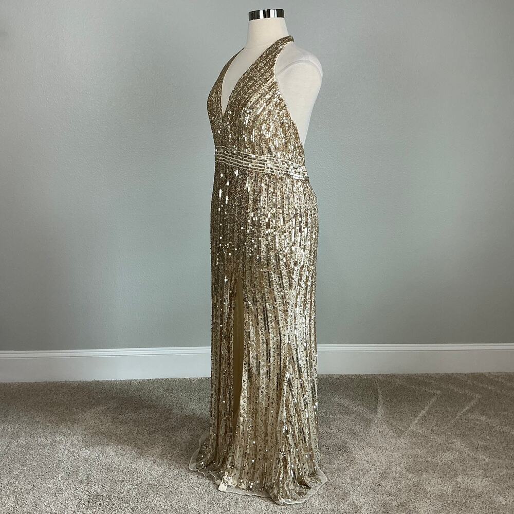 Mac Duggal 5759 Gold Evening Gown Sequined Backless Halter Column Dress Size 16 - Picture 6 of 13